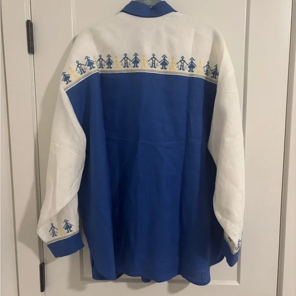 Ukrainian Blue and White Embroidered Unisex Oversized Linen Shirt Vyshyvanka L - Picture 4 of 12